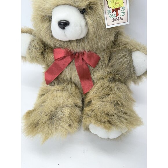 Vintage Justen 16" Plush Fuzzy Brown Teddy Bear With Red Bow Stuffed Animal - Picture 4 of 13
